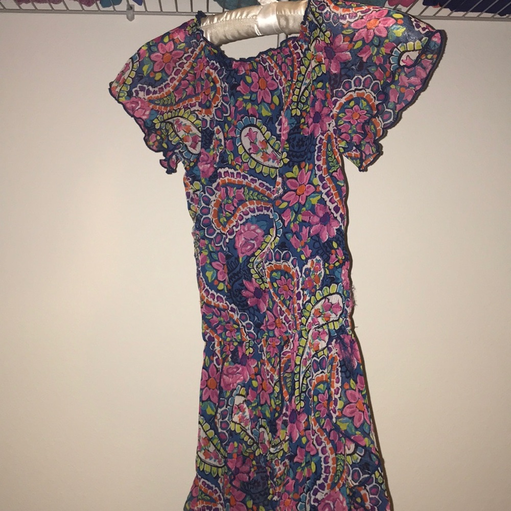 Blue,pink, and green floral pattern dress.